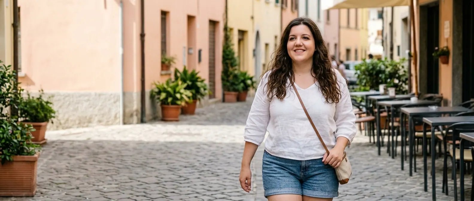Alexandra walking and smiling on a street in Italy