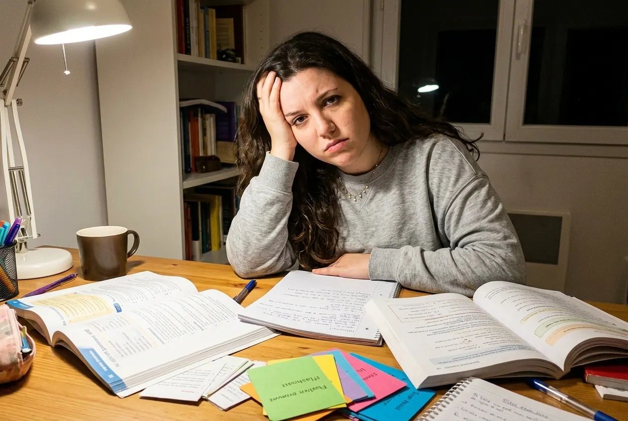 Alexandra at a desk of grammar textbooks and flashcards, looking frustrated