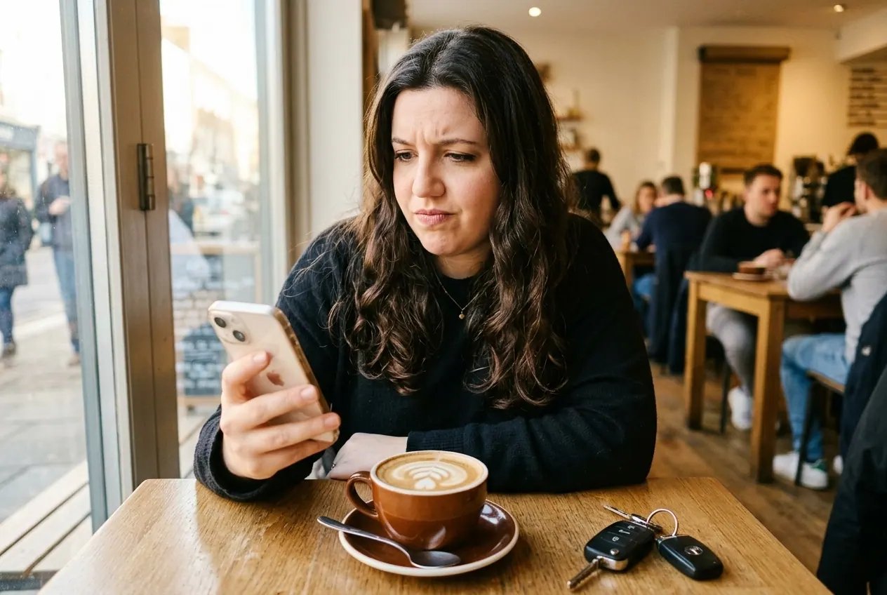 Alexandra checking her phone at a café after a friend's recommendation