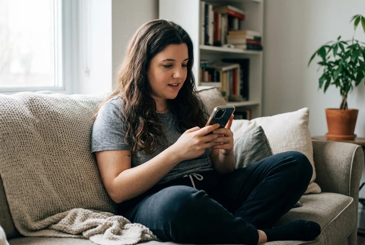 Alexandra on her couch using the app on her phone