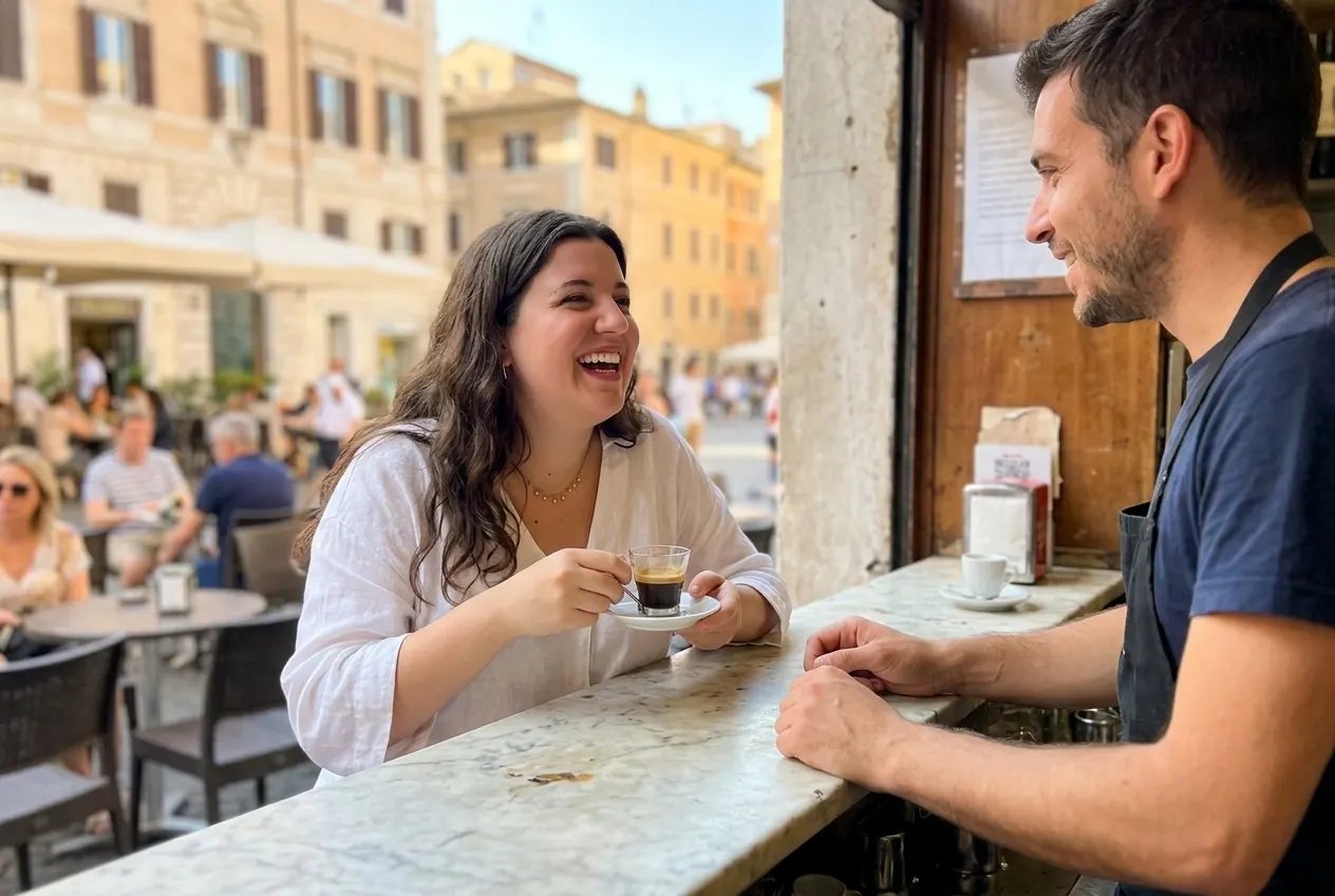 Alexandra chatting and laughing with a barista at an Italian café